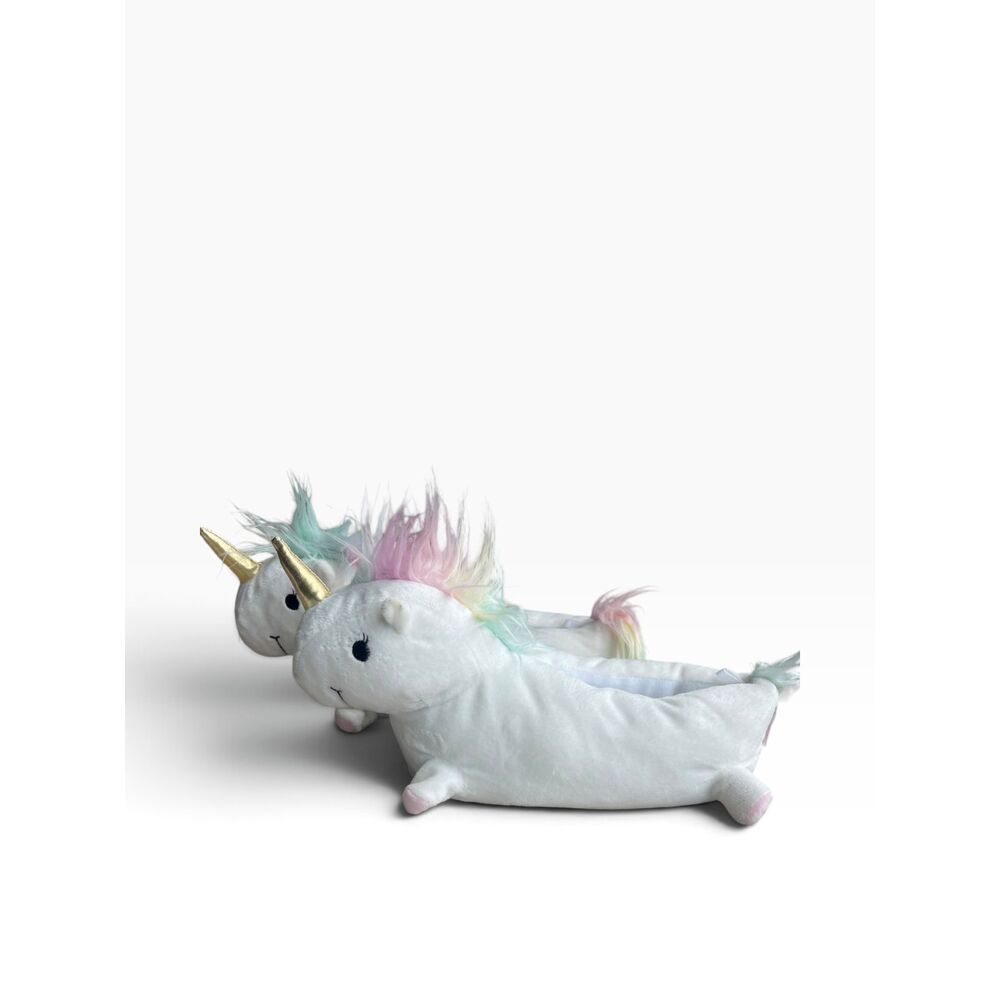 Garage Womens XS S White Plush Unicorn Slippers Novelty Rainbow Gold Horn XS S